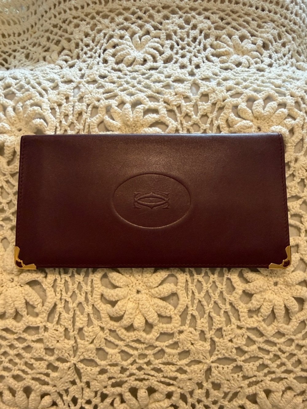 Cartier Burgundy Leather Continental Wallet with Gold Corner Accents